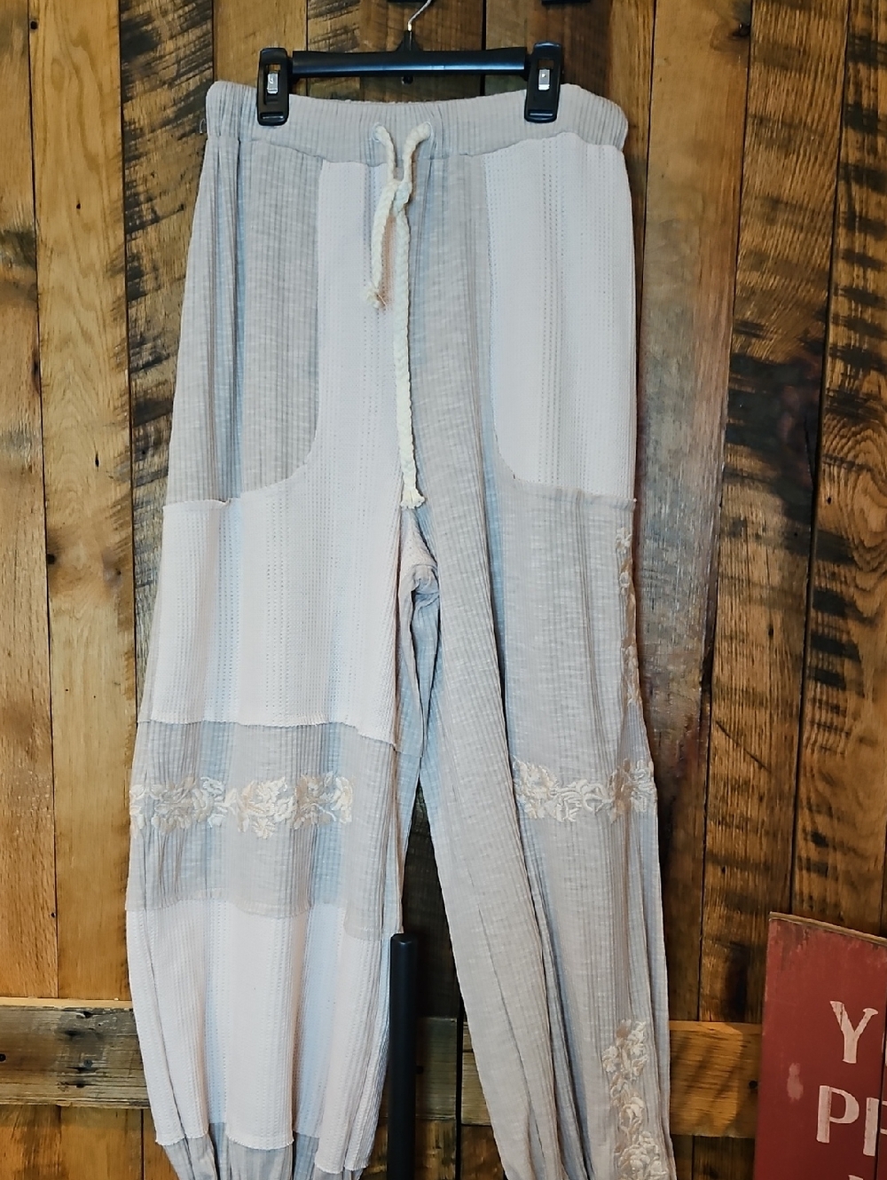 374 POL Waffle Patchwork Joggers in Pink And Taupe - Picture 2 of 14